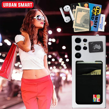 Gecko Travel Tech Double Pocket - Adhesive Card Holder - Cell Phone Pouch - Stick on Spandex Pocket - Carry Credit Cards and Cash (PEACE LOVE)