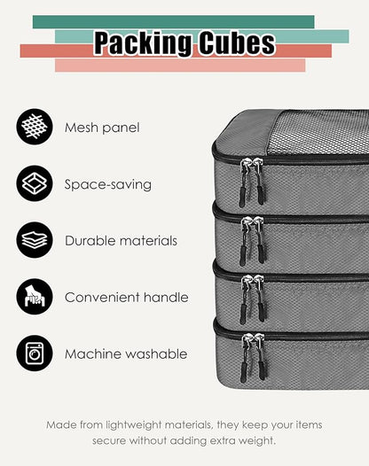 4-Piece Packing Cubes Travel Accessories Set for Suitcases - Luggage Organizer Bags with Double Zipper - Mesh Top - Small - Dark Grey