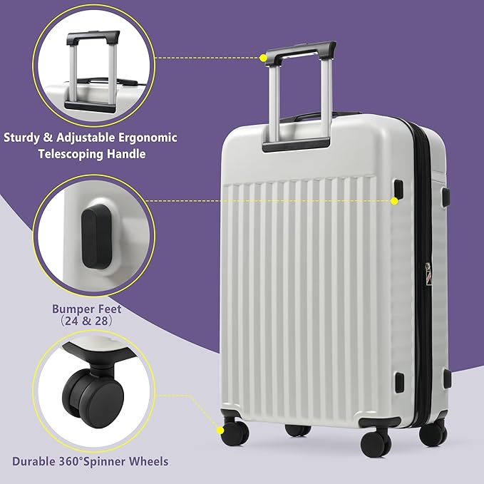 Merax Luggage Sets 3 Piece,Front Open Hardshell Expandable Suitcase with Spinner Wheels and Duffel Bags,Lightweight Carry on Luggage with USB Port,20/24IN,White Grey
