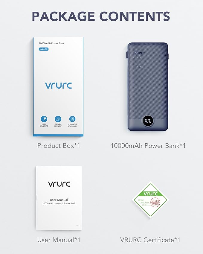 VRURC Portable Charger Built-in Cables and AC Wall Plug, USB C Power Bank 10000mAh, Travel Battery Portable Phone Charger Compact Lightweight External Battery Pack for Smart Phones, Tablets etc-Navy