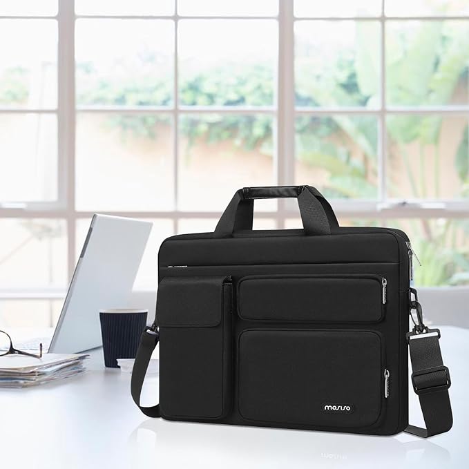 MOSISO Laptop Shoulder Bag 15.6 inch, 15-15.6 inch Computer Bag Compatible with MacBook Pro 16 inch, HP, Dell, Lenovo, Notebook with 2 Raised&1 Flapover&1 Horizontal Pocket&Handle&Belt, Black