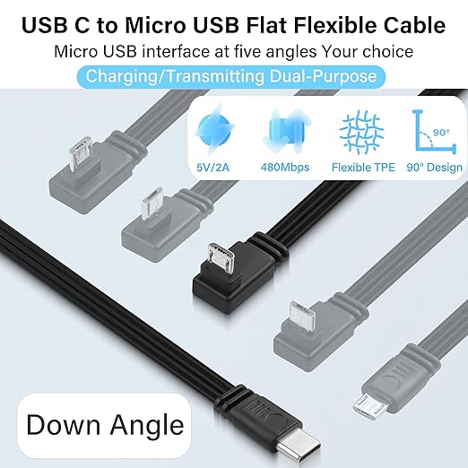 Flexible USB Type-C to Micro USB Cable,90 Degree Micro 5pin to USB C Flat Data Cable,Type C-to-Micro Short Flat Cable Supporting Charging& DataTransfer,for Phone,Camera,Laptop-30CM (Down)