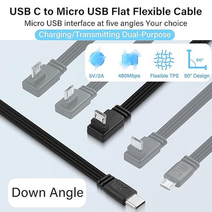 Flexible USB Type-C to Micro USB Cable,90 Degree Micro 5pin to USB C Flat Data Cable,Type C-to-Micro Short Flat Cable Supporting Charging& DataTransfer,for Phone,Camera,Laptop-30CM (Down)