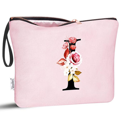 Vavabox A-Z Personalized Makeup Bag, Birthday Gifts for Women Mom, Gifts for Best Friend, Bride Bridesmaid Cosmetic bag (I, Pink)