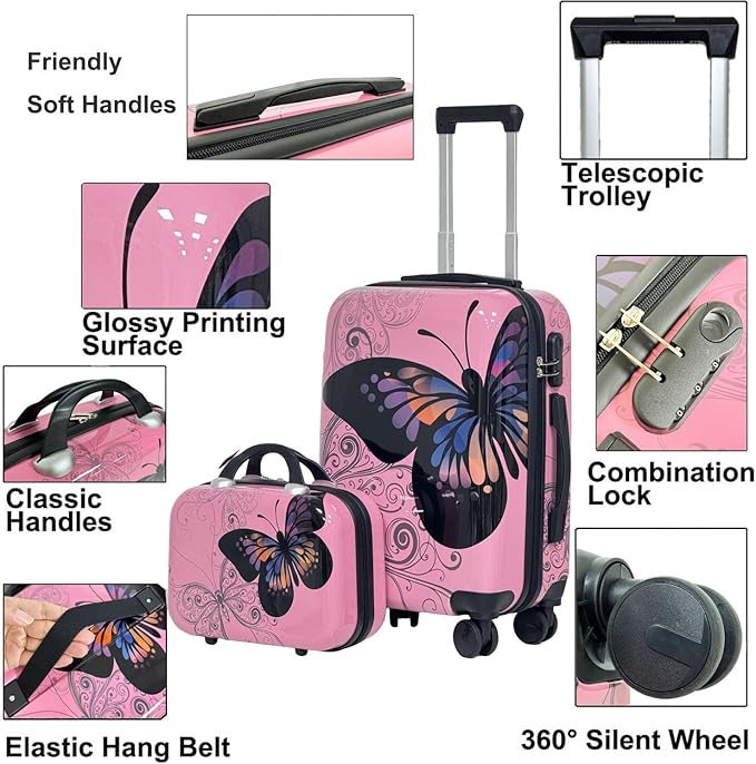 Stylish ABS+PC Material Luggage Set Butterfly Printed 4Pcs Set 14"+20"+24"+28" Suitcased for Family Travel and 2Pcs Set 14"+20" Cabin Size Trolley Bag with Silent 360° Spinner (Pink, 14+20inch)
