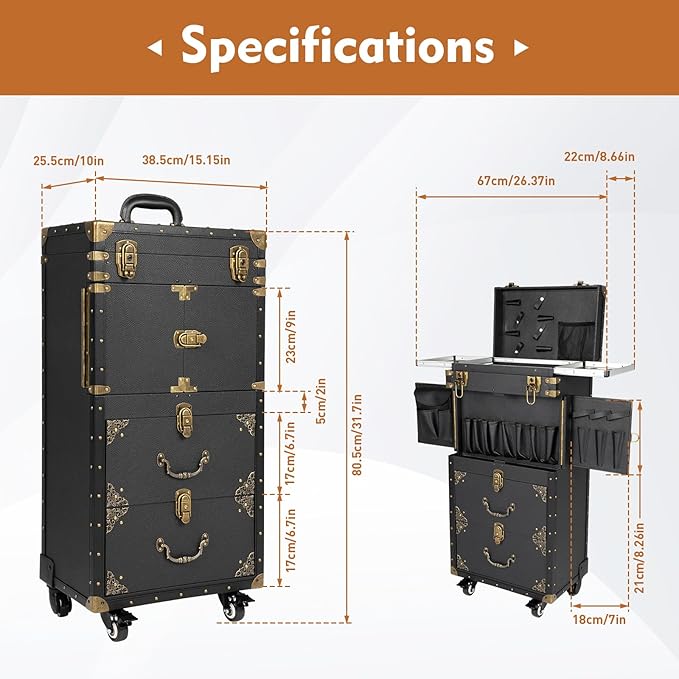 Beauty Luggage Rolling Lockable Makeup Train Case Stylist Cosmetic Luggage Travel Organizer with Hair Dryer Holder & Compartment