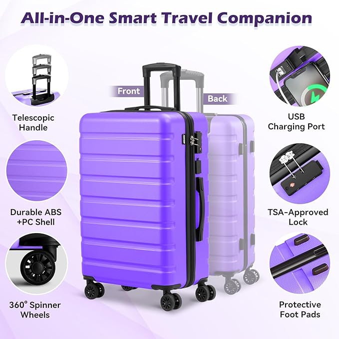 AnyZip Suitcase Hardside PC ABS Lightweight USB Luggage with Wheels TSA Lock Checked-Medium 24 Inch Violet Purple