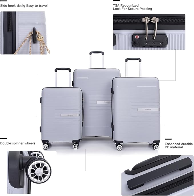 Luggage Sets Wear-Resistance Hardside Lightweight Suitcase Double Spinner Wheels, TSA Lock,Two Hooks, Scratch-resistant Carry-on,3 Piece Set(20inch 24inch 28inch) (silver)