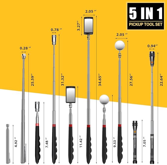 Magnetic Pickup Tool Set with 15lb&1lb Pick Up Rod, Round&Square 360 Swivel Adjustable Inspection Mirror, Telescoping Flexible Flashlight, Christmas Gifts Stocking Stuffers For Men, Dad, Husband