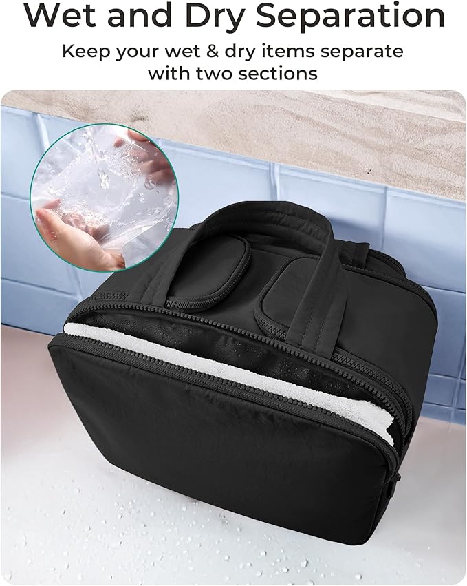 BAGSMART Travel Toiletry Bag, Lightweight Large Wide-open Travel Bag for Women, Puffy Cosmetic Makeup Bag Organizer with Handle for Accessories,Essentials, Toiletries, Black