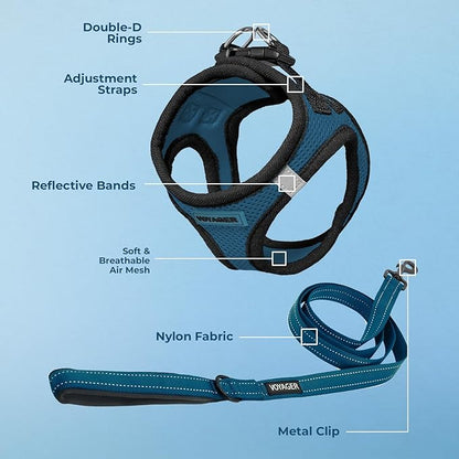 Voyager Step-in Air All Weather Mesh Harness and Reflective Dog 5 ft Leash Combo with Neoprene Handle, for Small, Medium and Large Breed Puppies by Best Pet Supplies - Blue/Black Trim, XX-Small