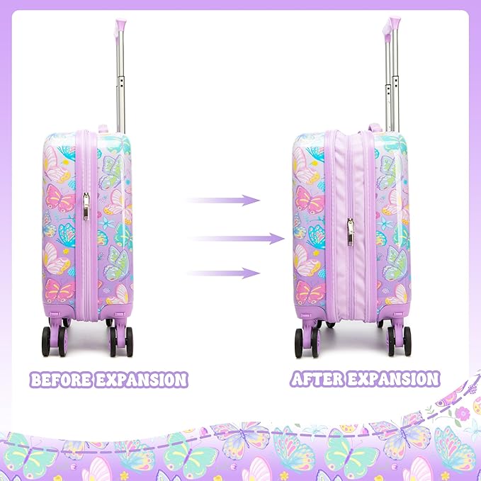 Kid's Luggage Set 2 Piece Suitcase Set 16" Hardside Luggage with Spinner Wheels Girls Carry on Toddler Travel Rolling Suitcase with Neck Pillow Airline Approved