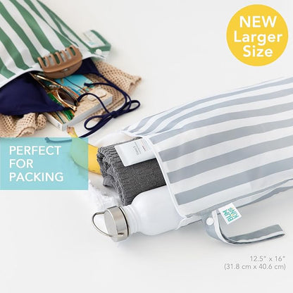 Bumkins - Larger Waterproof Wet Bag - For Baby, Travel, Swim Suit, Cloth Diapers, Pump Parts, Pool, Gym, Toiletry, Strap to Stroller - Reusable & Easy to Clean - 2pk - Gray & Green Stripe