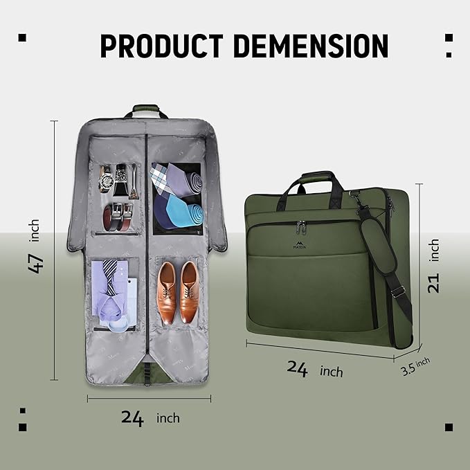 MATEIN Travel Garment Bag, Large Convertible Carry On Suit Bag with Adjustable Shoulder Strap, Waterproof 2 in 1 Hanging Luggage for Men Women, Foldable suitcase for Business Trips, Green