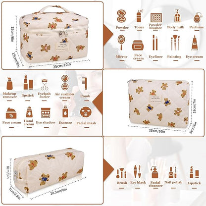 3PC Makeup Bag Set, Quilted Makeup Bag, Large Floral Cosmetic Bag for Women, Cute Cotton Makeup Bags, Flower Travel Toiletry Organizer Bag (Bear)