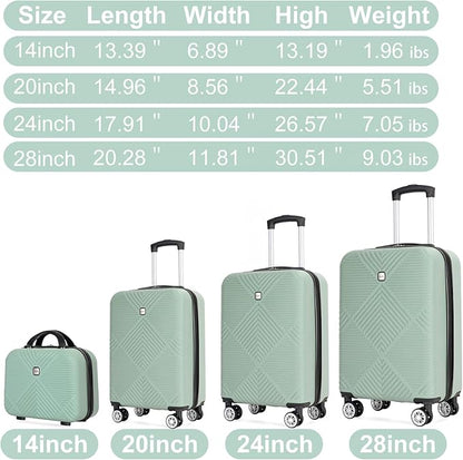 Luggage 4 Piece Set, Hardshell ABS Suitcase Set with Double Spinner Wheels, Lightweight Durable Large Luggage set, Carry On and Checked Travel Luggage, Olive Green