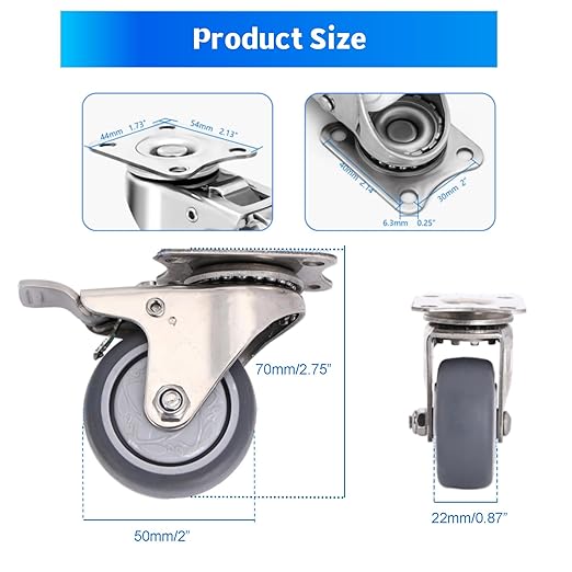 Stainless Steel Caster Wheels 2 Inch Set of 4, Anti-Rust 360° Swivel Casters, Silent and Non-Marks Thermoplastic Rubber Wheels for Furnitures,Labs,Hospitals,Restaurants