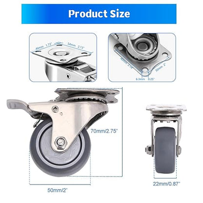 Stainless Steel Caster Wheels 2 Inch Set of 4, Anti-Rust 360° Swivel Casters, Silent and Non-Marks Thermoplastic Rubber Wheels for Furnitures,Labs,Hospitals,Restaurants