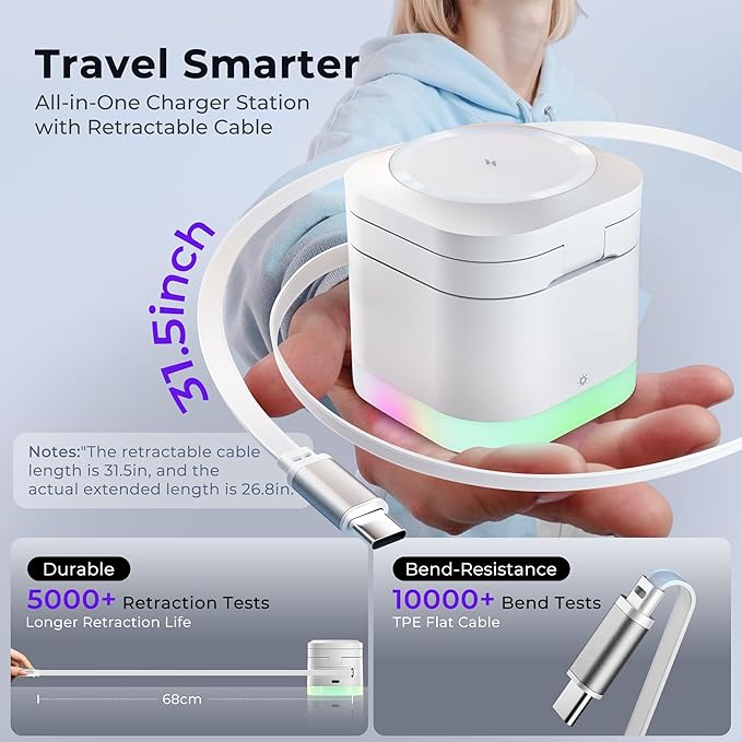 5 in 1 Wireless Charger, Foldable Wireless Charging Station with Night Light for Apple Magnetic Charger, Retractable Cable Travel Charger Stand for iPhone 17/16/15/14/13/12, Apple Watch, AirPods Pro 3
