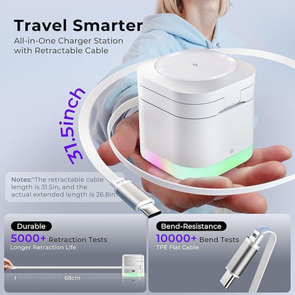 5 in 1 Wireless Charger, Foldable Wireless Charging Station with Night Light for Apple Magnetic Charger, Retractable Cable Travel Charger Stand for iPhone 17/16/15/14/13/12, Apple Watch, AirPods Pro 3