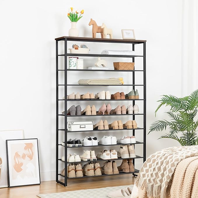 HOOBRO 10-Tier Shoe Rack, 39.4" L Shoe Storage Organizer, Large Capacity Shoe Shelf for Front Door Entrance, Entryway, Hallway, Holds 45-50 Pairs of Shoes, Closet, Rustic Brown BF171XJ01