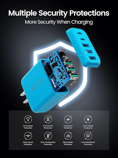USB C Charger Block, [2-Pack] Type C Charger Fast Charging,50W 5-Port USB Wall Charger Multiport Type C Charging Block Cube for iPhone 17/16/15/14/13/12/11 Pro Max XS,iPad,Samsung&More-Blue