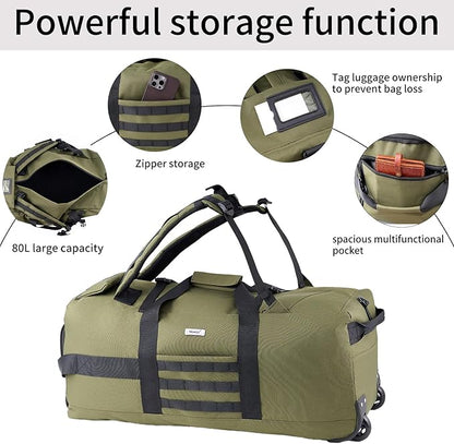 80L Waterproof Rolling Duffel Bag with Quick-Release Straps, Military Tactical Wheeled Foldable For Deployment Traveling Camping Sporting (Military Green)