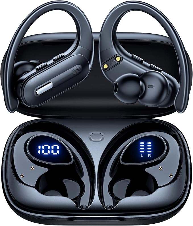 Active Noise Cancelling Wireless Earbuds Bluetooth Headphones 90 Hrs Playtime Ear Buds with Power Display Over-Ear Earphones with Earhooks IPX7 Waterproof Stereo Transparency Headset for Sports/Gym