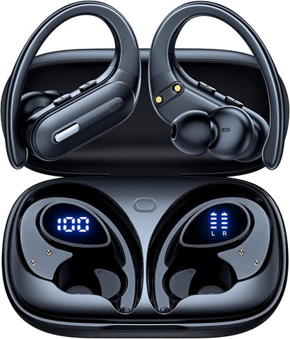 Active Noise Cancelling Wireless Earbuds Bluetooth Headphones 90 Hrs Playtime Ear Buds with Power Display Over-Ear Earphones with Earhooks IPX7 Waterproof Stereo Transparency Headset for Sports/Gym
