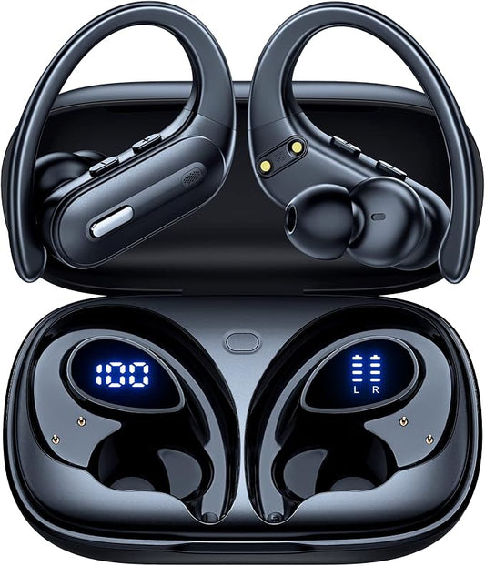 Active Noise Cancelling Wireless Earbuds Bluetooth Headphones 90 Hrs Playtime Ear Buds with Power Display Over-Ear Earphones with Earhooks IPX7 Waterproof Stereo Transparency Headset for Sports/Gym