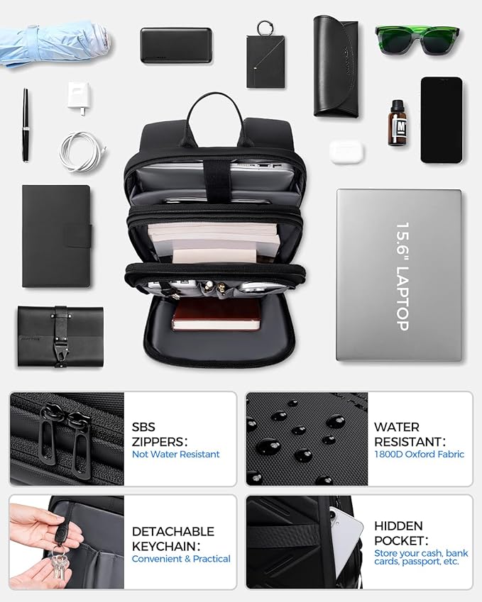 Slim Laptop Backpack for Men, Lightweight Backpack with USB Charging Port,Water Resistant 15.6 Inch Laptop Bag - Black