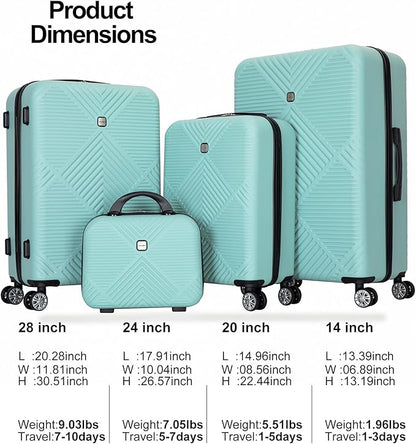 Luggage 4 Piece Set, Hardshell ABS Suitcase Set with Double Spinner Wheels, Lightweight Suitcase, Carry On and Checked Travel Luggage, Aqua Blue