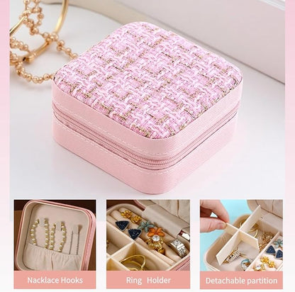 Small Jewelry Box,Travel Jewelry Organizer Case with Stylish Braided Surface,Portable Storage Case for Rings Necklace and Stud Earring