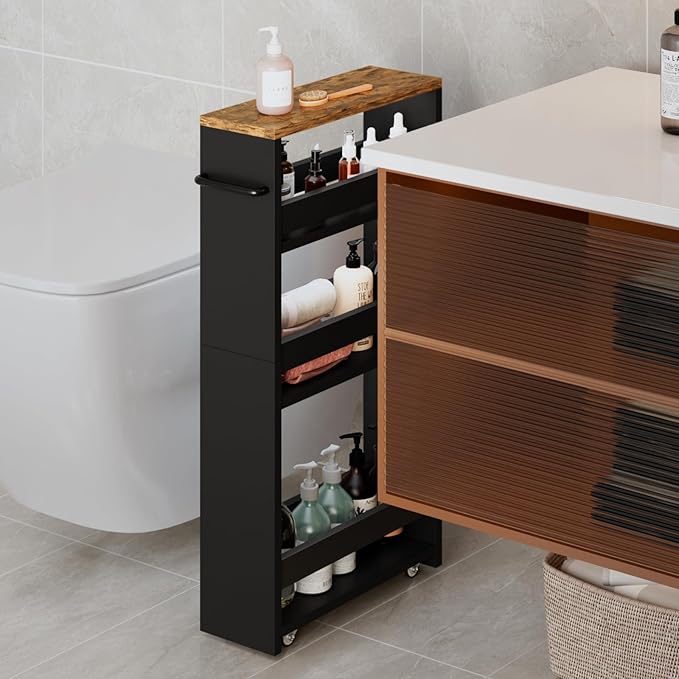 MARTY Rolling Storage Cart 4-Tier Black Kitchen Cart with Wheels, Slim Storage Cart with Handle Slide Out Utility Cart Shelving Unit Organizer Trolley for Laundry Narrow Places Bathroom Small Corner