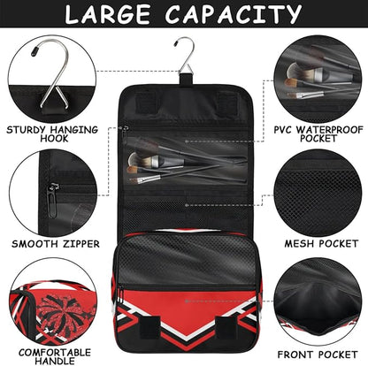 Personalized Name Hanging Toiletry Bag, Cheerleading Large Travel Cosmetic Bag Portable Makeup Organizer Bag for Women Men Bathroom Shower Essentials, Red Black Design