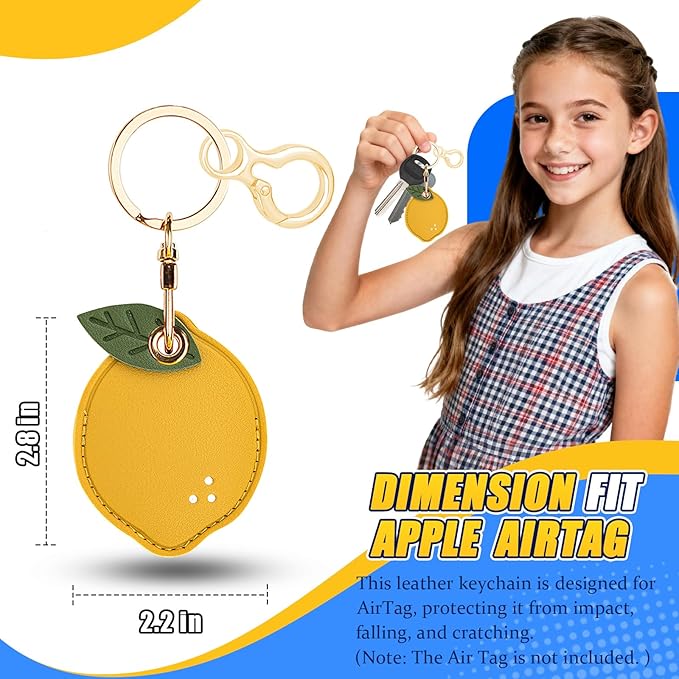 Leather Keychain for Airtag, Cute Protective Keychain Holder Compatible with Apple Air Tag,GPS Item Tracker Case Cover for Keys,Bags,Pets,Luggage(Lemon)