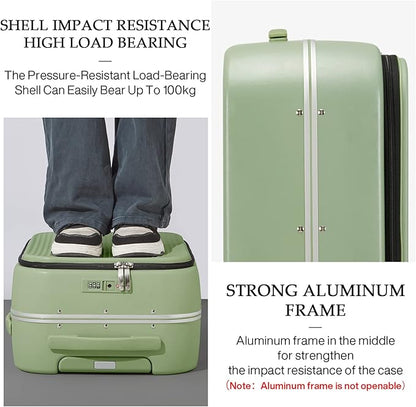 mixi Carry On Luggage, 18'' Suitcases with Spinner Wheels, Rolling Travel Suitcase with Front Laptop Pocket Luggage Aluminum Frame PC Hardside with TSA Lock and Cover, Avocado Green