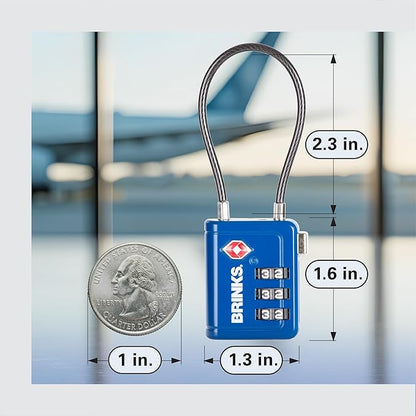 Brinks TSA Accepted Indicator Luggage Lock, Blue - Resettable 3-Dial Combination, 2.5 inch Long Cable Shackle, New More Secure TSA008 Key, 2 Pack