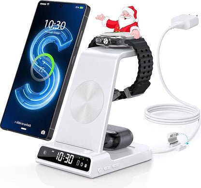 Wireless Charger for Samsung Charging Station with Clock for Samsung Galaxy S25 Ultra/S24 Ultra/Z Flip 6/5/Fold 5/Bud 2, 3 in 1 Charging Station Watch Charger for Samsung Galaxy Watch 7/6/5Pro(White)