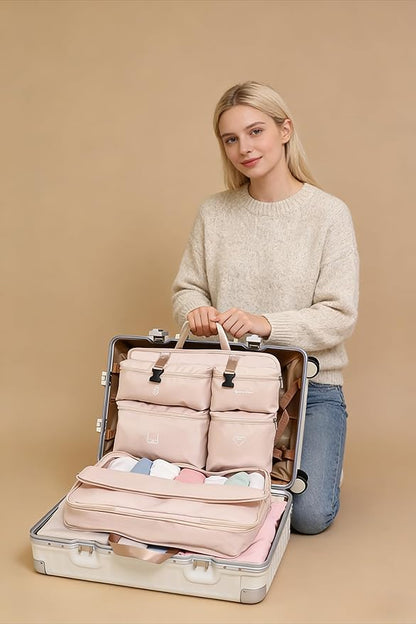 Travel 5-in-1 Packing Cube Set | Expandable Waterproof Luggage Organizer with Hanging Hook | Multi-Compartment Compression Bag for Clothes & Essentials (Khaki)