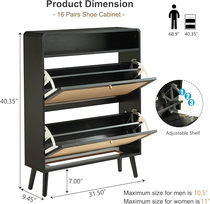 Rattan Shoe Cabinet with 2 Flip Drawers, 32 Pairs Narrow Shoe Storage Cabinet for Entryway Freestanding Hidden Shoe Rack, Modern Slim Wood Shoe Organizer for Hallway, Black