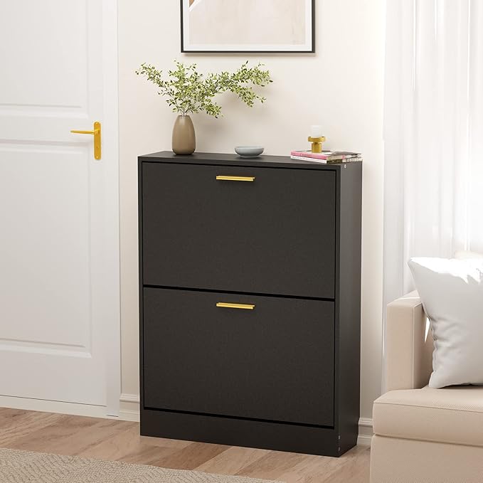 JOZZBY Shoe Cabinet for Entryway, Narrow Shoe Storage Cabinet with 2 Flip Drawers, Wooden Hidden Shoe Rack Organizer with 2 Tier Freestanding for Hallway, Living Room, Set of 2, Black