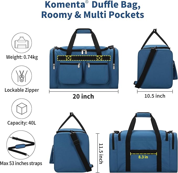 20 inch Gym Bag for Men, 40L Sports Duffle Bag with side pockets durable Weekend Overnight Bag for Travel, Workout, Fitness (Blue)