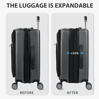 KROSER Hardside Expandable Carry On Luggage 22x14x9 Airline Approved With Front Business Pockets, 20 Inch Suitcases with Wheels, Carry on Suitcase with TSA Lock & USB Port, Steel Grey