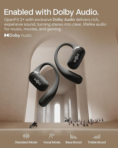 SHOKZ New OpenFit 2+ Open-Ear Headphones, Dolby Audio Enabled, Comfortable Earbuds with Soft Ear Hooks, 48H Playtime, IP55 Water-Resistant, USB-C Fast Charging, Wireless Charging, Carrying Bag, Grey