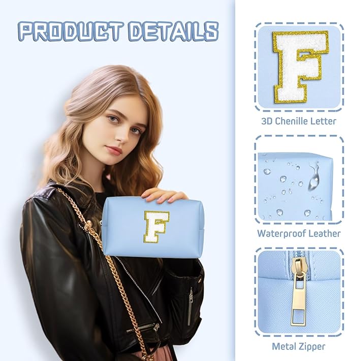 TOPEAST Preppy Makeup Bag, Cute Makeup Pouch PU Leather Waterproof Cosmetic Bag, Personalized Birthday Gifts for Mom Teacher Friends Bridesmaids Nurse, Trendy Stuff for Girls (Sky Blue I)