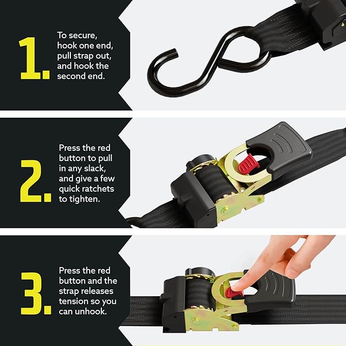 DC Cargo Mall Auto Retractable Ratchet Straps (2-Pack) 2” x 10ft, Super Heavy Duty, 3,033lb Break Strength – Tie Down Straps for Cargo, Truck, Trailer, Boats