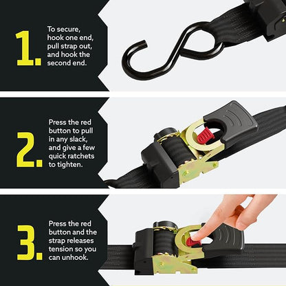 DC Cargo Mall Auto Retractable Ratchet Straps (4-Pack) 2” x 6ft, Super Heavy Duty, 4,033lb Break Strength – Tie Down Straps for Cargo, Truck, Trailer, Boats