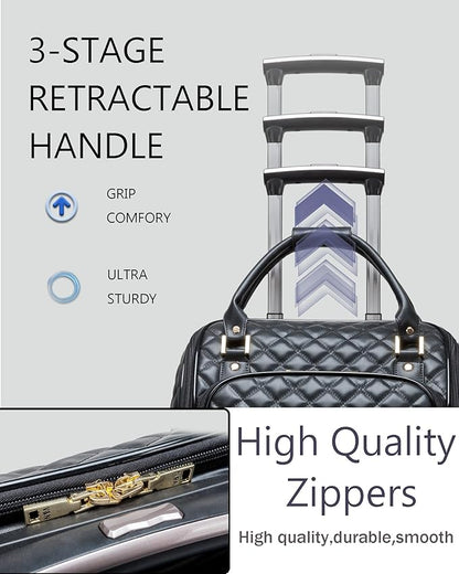 VH&GRED Luxury Carry on Luggage with Wheels Leather Suitcase 16-Inch Lightweight Travel Small Suitcase Diamond Stitching