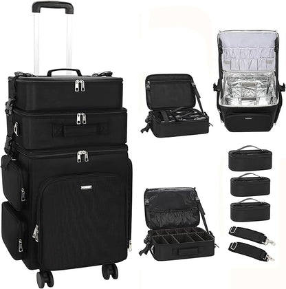 Relavel Rolling Makeup Case, 3 in 1 Hairstylist Traveling Bag Cosmetology Case on Wheels Large Hair Tools Cosmetics Train Case Makeup Artist Storage Organizer Trolley Suitcase with 360° Swivel Wheels